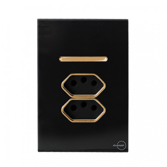 Conjunto Interruptor Simples + 2 Tomada 10a 4x2 - Novara Glass Preto Brilhante Gold